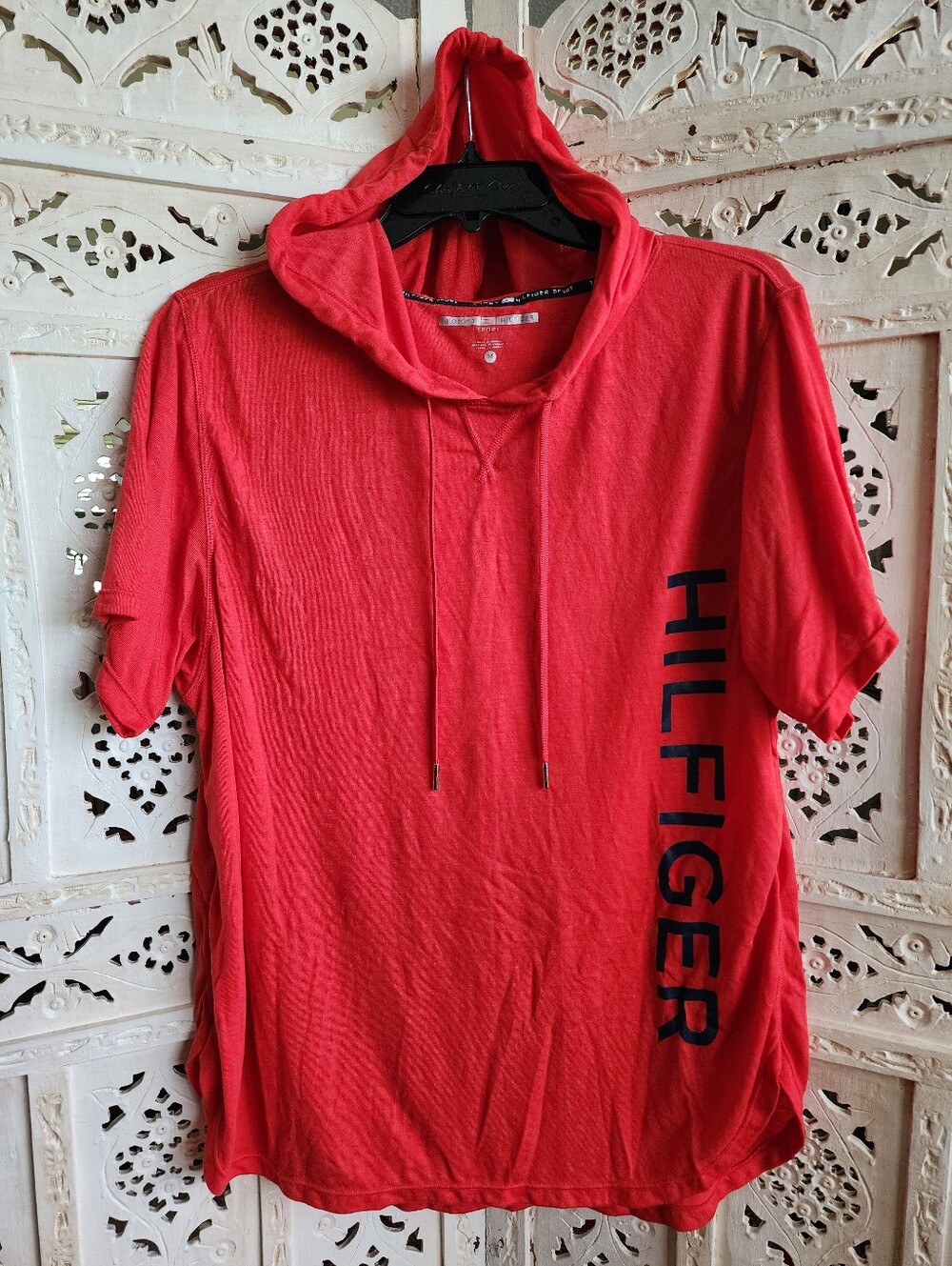 Tommy Hilfiger Sport Red Short Sleeve Hoodie Shirt-Womens Size Medium, Oversized